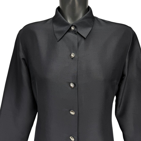 SILKLAND 100% Raw Silk Button Down Sunburst Buttons Womens Black Shirt Dress M - Picture 5 of 9